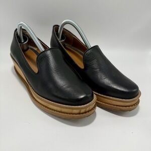 Michel Domit Black Slip On Leather Wedge Platform Loafers Women US 7-7.5 Mexico